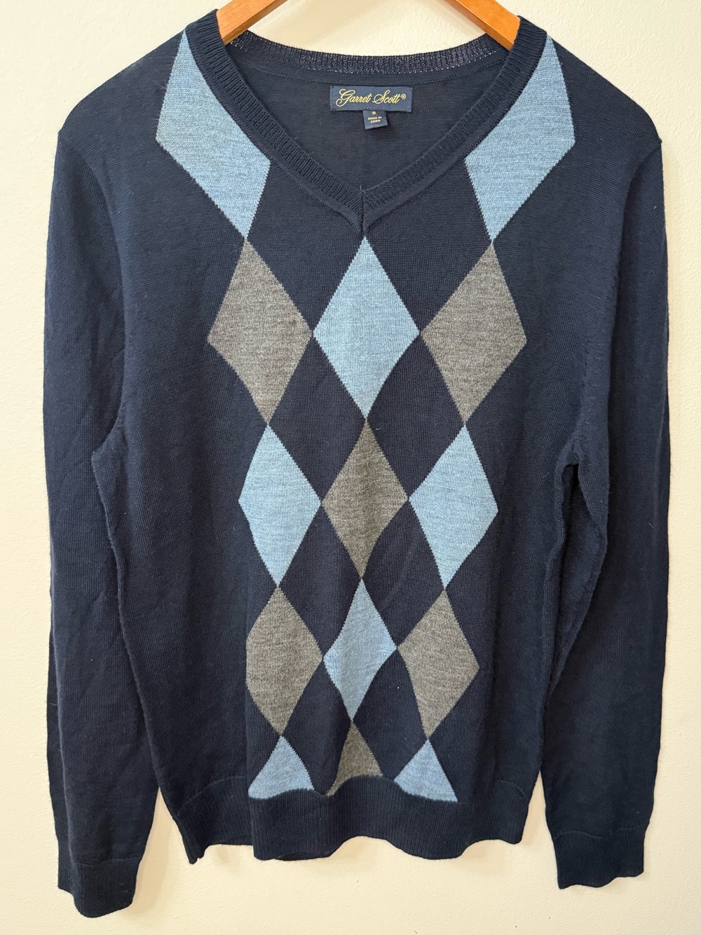 Garnet Scott Merino Wool Argyle Sweater Navy Blue V Neck Preppy Small
